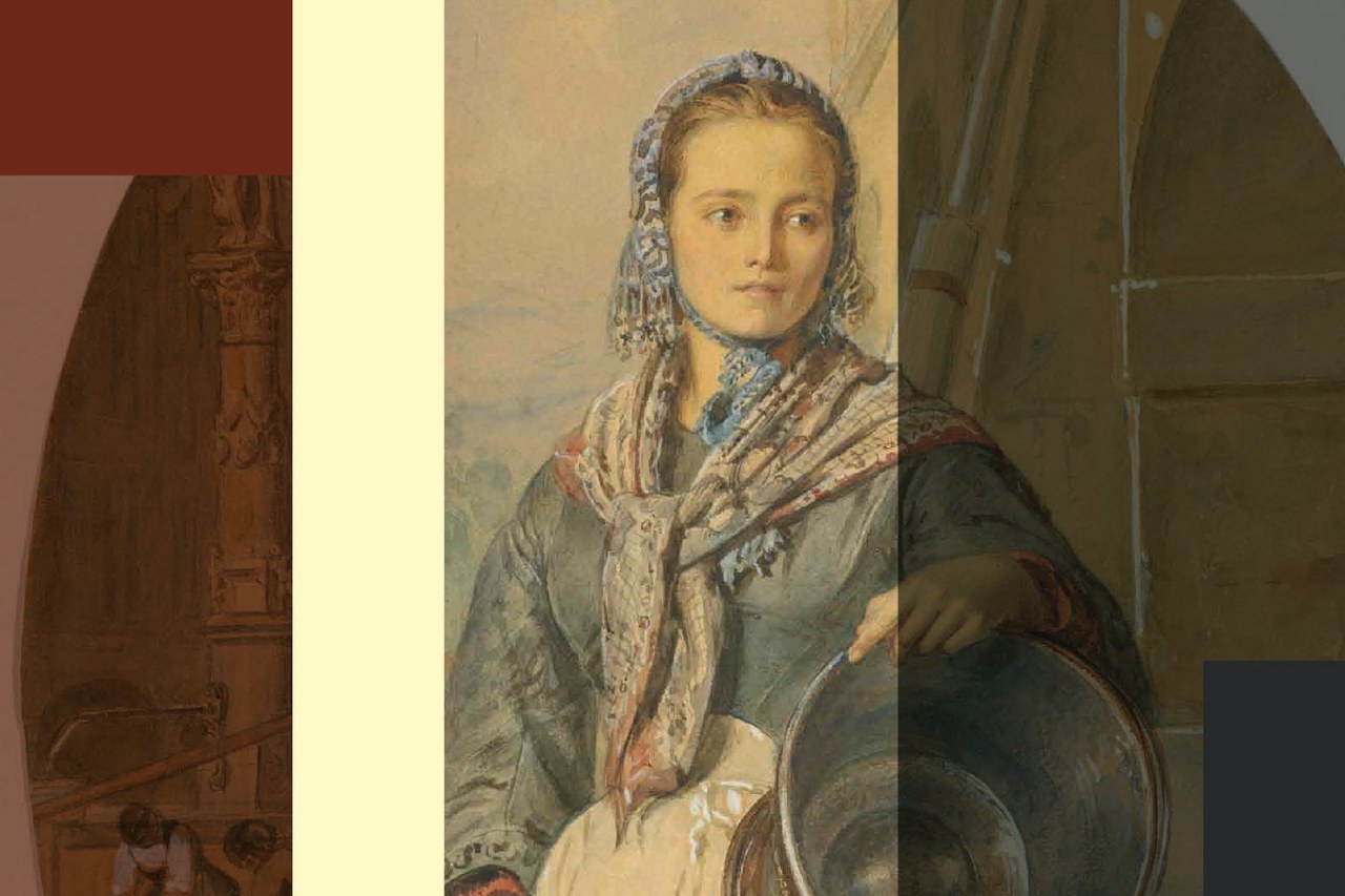 Porträt eines unbekannten Berner Dienstmädchens von Johann Friedrich Dietler 1804 – 1874, Aquarell, 1865, BBB, Gr.B.1429 Ein sitzendes Dienstmädchen, eine Hand die Schürze greifend, die andere Hand einen Zuber stemmend, schaut in die Ferne.